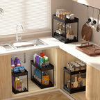 Under Sink Organizers 2 Pack, Pull-Out Sliding Cabinet Organizer with 2-Tier Storage Shelf & 4 Hooks, Multi-Purpose for Kitchen & Bathroom (13 Inch, Black)