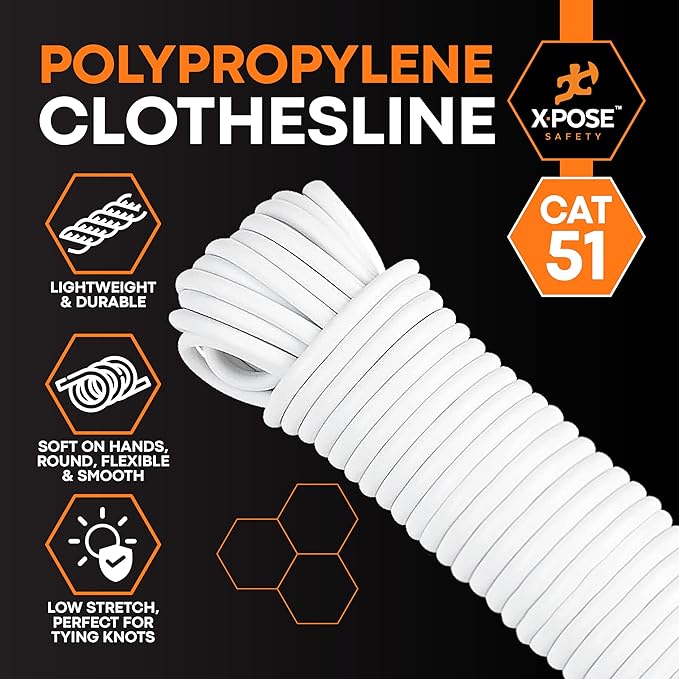 Plastic Clothesline - 50' Plastic Clothes Line - White Outdoor Weather Resistant - Synthetic Cord for Hanging and Drying Clothing & Laundry - Plastic Rope Clothes Line String for Pulley 6 Pack