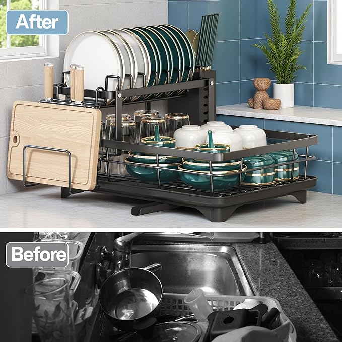 Carbon Steel Dish Rack & Utensil Holder - Space Saving 2-Tier Kitchen Counter Organizer, Rust-Resistant Drainage for Small Kitchens