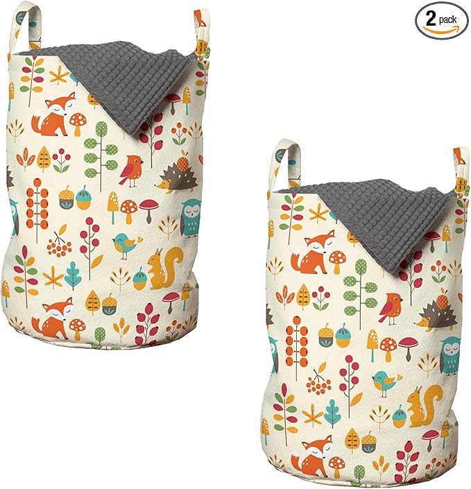 Ambesonne Cartoon Laundry Bag Pack of 2, Autumn Pattern Owl Fox Squirrel Birds Animal Leaves Print, Hamper Basket with Handles Drawstring Closure, 13" x 19", Cream Orange