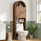 Arched Over The Toilet Storage Cabinet with Fluted Doors, 4 Tier Small Bathroom Shelf Organizer, Mid Century Modern Bathroom Cabinet with Adjustable Shelf, Slim Narrow Arch Toilet Rack, Walnut