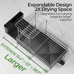 Large 2 Tier Dish Drying Rack, Extendable Dish Rack, Stainless Steel Anti-Rust Dish Rack for Kitchen Counter, Multifunctional Dish Drainer with Utensil & Cup Holder, 13.4"-28.7" L x 11.8" W
