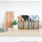 Suli Extra Large Kitchen Utensil Holder with 4 Compartments，Grey Metal holder with Wooden Base for Countertop，Farmhouse Utensil Organizer for counter, Rustic Cooking Storage Caddy for Corner