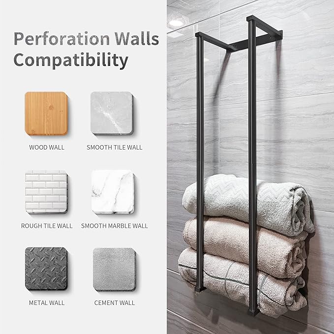 Towel for Racks Bathrooms, Wall Mounted Towel Rack for Storing Towels, Robes, Towel Holders with Hooks, Bathroom Towel Storage, Black
