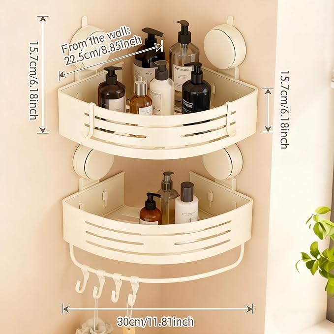 Corner Shower Caddy Bathroom Organizer（2-Pack Cream White）,No-Drilling Aluminum Suction Cup Corner Shower Shelf with Towel Bar & Hooks,Detachable and Reusable Bathroom and Kitchen Storage