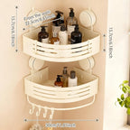 Corner Shower Caddy Bathroom Organizer（2-Pack Cream White）,No-Drilling Aluminum Suction Cup Corner Shower Shelf with Towel Bar & Hooks,Detachable and Reusable Bathroom and Kitchen Storage