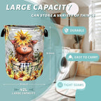 Cute Sunflowers Small Cow Laundry Basket Foldable With Handles Tote Bag Oxford Cloth Funny Laundry Hamper Clothes Storage Bucket Toy Organizer 18.9" x 16.5" For Bathroom/Laundry/Bedroom