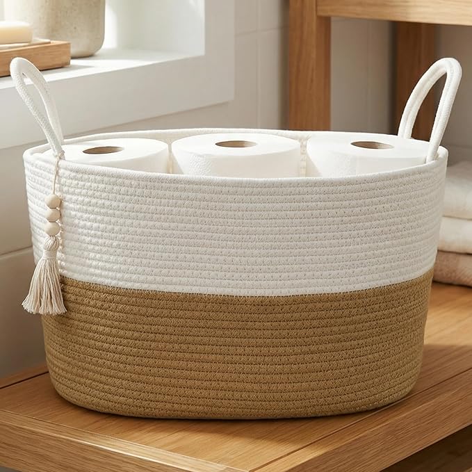 NiHome Toilet Paper Storage Basket, Cotton Rope Organizer with Boho Tassel, Holds 6 Rolls, Foldable Space-Saving Design, Multi-Purpose Bin for Bathroom, Bedroom and Living Room