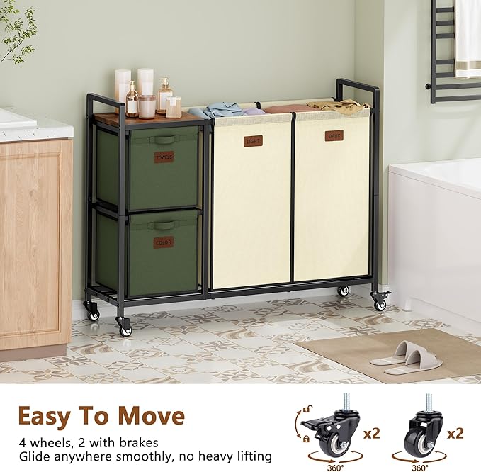 Hoctieon 4 Section Laundry Cart, 48 Gal. (182L) Laundry Hamper with Lid, Laundry Basket with Wheels, Rolling Laundry Sorter Organizer with Shelf, Clothes Separator with Removable Bags, Beige+Green