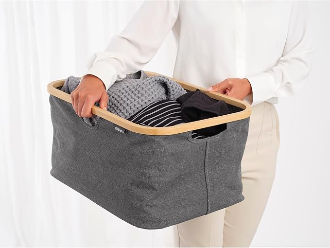 Brabantia - Foldable Laundry Basket 10.6 Gal - Water Resistant Hamper for Wet & Dry Laundry - Storage Basket for Clothes & Linen - Bamboo Rim for Easy Grip - Garment Washing - Pepper Black
