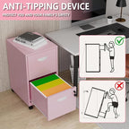 2 Drawer Rolling File Cabinet on Wheels, Mobile Two Drawer Filing Cabinet with Lock, Small Files Cabinets for Under Desk, Metal Filing Cabinets for Letter Size Folders, Pink - Assembly Required