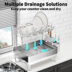 Ewaiira Dish Drying Rack, 304 Stainless Steel Dish Racks for Kitchen Counter, Dish Drainers with Automatic Drainage, Utensil Holder & Cups Holder, Space Saving Kitchen Organizer (2-Tier White)
