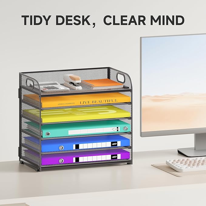 6 Tier Paper Organizer, Grey Letter Tray with Handle, Mesh Desk Organizer, Metal File Organizer, Office Desk Accessories for Home, Office, Classroom, School