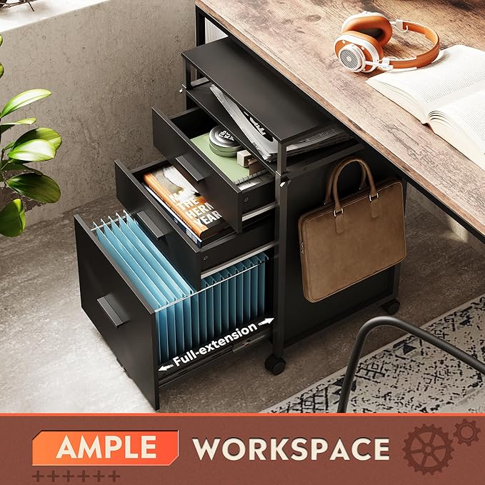 DEVAISE 3 Drawer File Cabinet with Adjustable Shelves, Rolling Wooden Filing Cabinet Mobile Printer Stand for Home Office, Black, 15.7" D x 17.7" W x 40.3" H