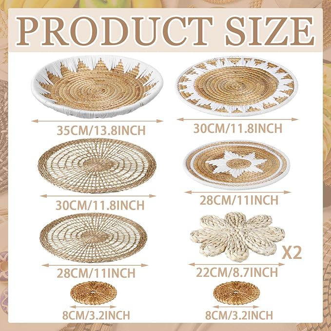 Xuhal 8 Pcs Boho Wall Basket Decor Decorative Bulrush Woven Basket Wall Decor Rustic Farmhouse Hanging Baskets for Kitchen Rustic Home Summer Decorations