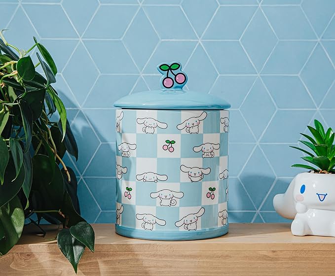 Silver Buffalo Sanrio Hello Kitty and Friends Cinnamoroll Cherries Blue Checkered Ceramic Cookie Snack Jar (Large)