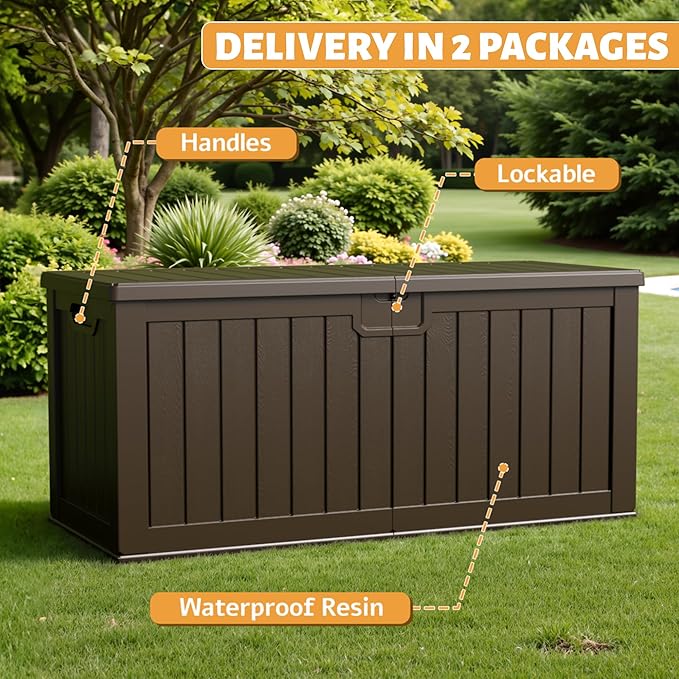 Flamaker 250 Gallon Resin Deck Box, Waterproof Imitation-Wood Lockable Storage Box with Separator Plate for Outdoor Indoor, Garden, Patio Furniture for Tools & Pool Accessories (Deep Brown)