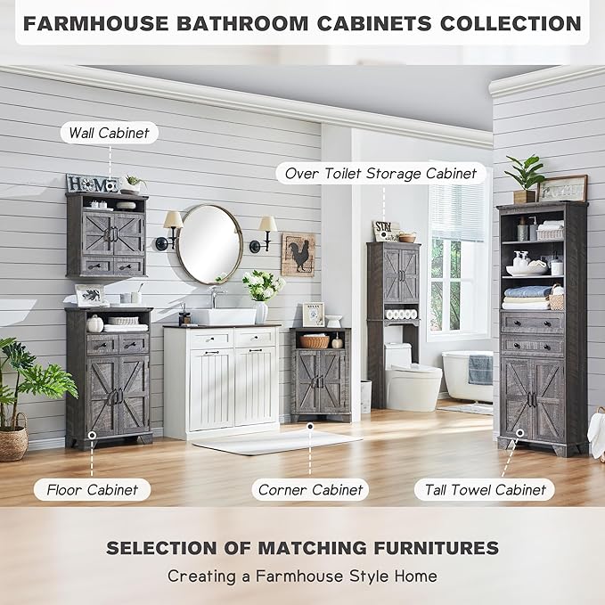 ACCOHOHO Corner Bathroom Cabinet, Farmhouse Small Corner Cabinet with Barn Door & Adjustable Shelf, Storage Cabinets for Bathroom, Kitchen, Living Room, Grey Wash
