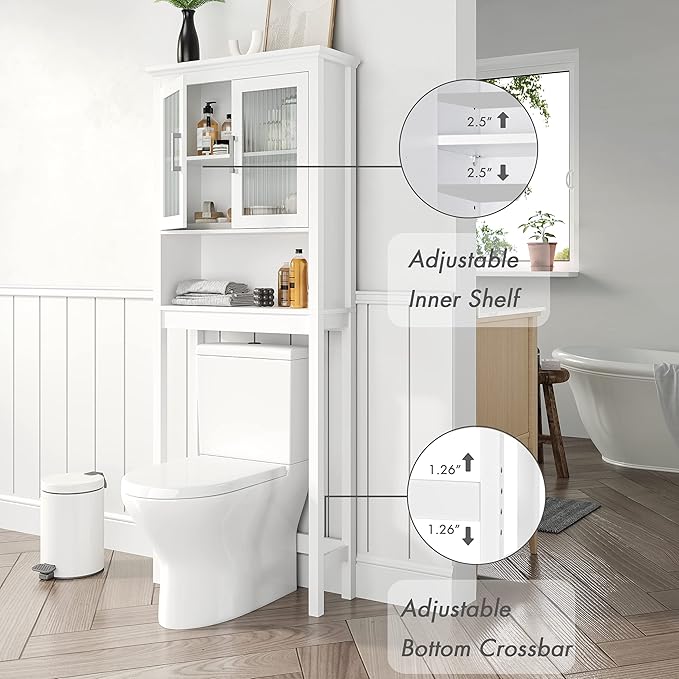Spirich Over The Toilet Cabinet for Bathroom Storage, Above Toilet Storage Cabinet with Moru Tempered Glass Doors, White
