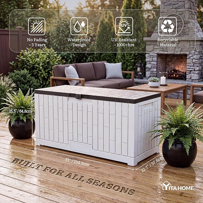 YITAHOME 120 Gallon Large Deck Box, Resin Outdoor Storage Box w/Lockable Black Lid for Outdoor Pillows, Garden Tools and Pool Supplies, Waterproof, Lockable, Grayish-White