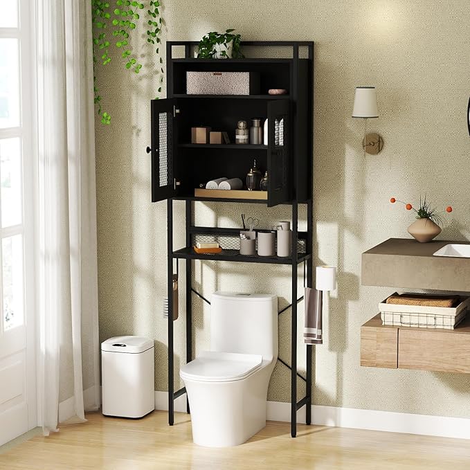 Tangkula Over The Toilet Storage Cabinet, 5-Tier Space Saver Above Toilet with 2 Mesh Doors, Metal Stand, Toilet Paper Holder & Hook, Freestanding Bathroom Cabinet Organizer for Laundry, Black