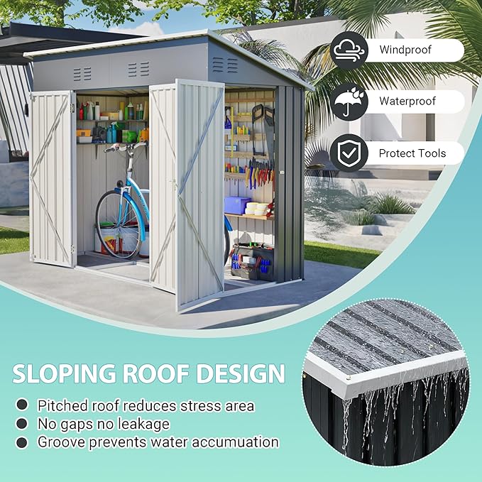 4x8 FT Outdoor Storage Shed,Slope Roof Storage Metal Garden Shed Steel with Reinforced Beams,All Weather Waterproof Garden Tool House W/Lockable Door & 4 Air Vents,for Backyard,Patio,Lawn,Grey