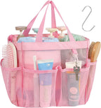 F-color Mesh Shower Caddy Portable, Upgrade Deeper 7 Pockets Shower Bag Basket Tote for College Dorm Room Toiletry Bathroom Essentials Gym Camp Quick Dry 2 handles with S Hook, Pink