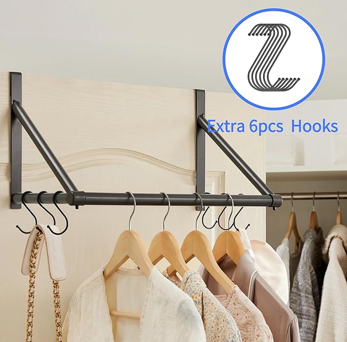 Over The Door Clothes Hanger,Metal Over Door Clothes Drying Rack with 6 Hooks,Laundry Drying Rack Rod for Laundry, Bedroom, Washroom, Closet,Fits Door Up to 1.97", (Dark Gray)
