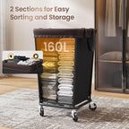 160L Laundry Basket with Wheels, 2-section Rolling Laundry Basket, Large Laundry Hamper with Wheels, Rolling Laundry Hamper Clothes Hamper for Home, Bathrooms and Dorm(Black)