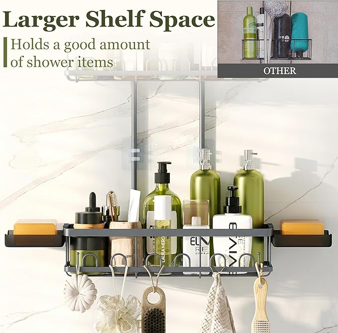Shower Caddy Hanging: Adjustable Height Organizer for Over Showerhead - Rustproof Shower Shelves with Hooks & 2 Soap Holders