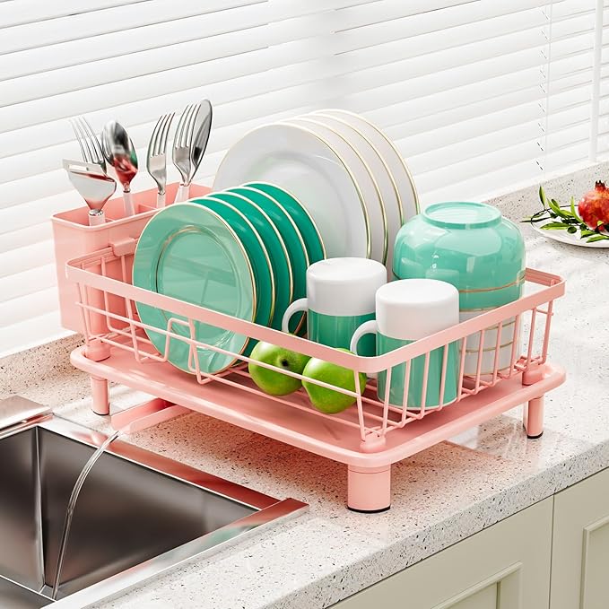 Dish Drying Rack, Stainless Steel-Dish Rack, Dish Racks for Kitchen Counter, Kitchen Dish Drainers with Removable Utensil Holder,New Drain Outlet,Plate Rack and Drainboard,(Pink-11 W x 15" L)
