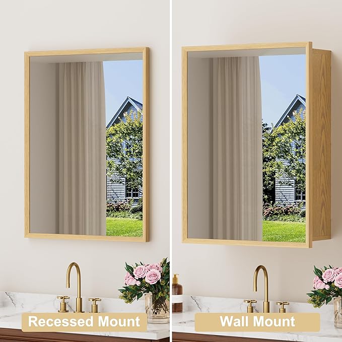 20x28 Inch Wood Medicine Cabinet with Mirror, Surface or Recessed Mounted Bathroom Cabinets with Adjustable Shelves, Soft-Close Hinges, Wall Mounted Cabinet for Storage