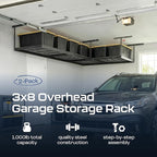 MonsterRax Overhead Garage Storage Racks 3x8’ (2-Pack) Ceiling Mounted Shelving, Adjustable Hanging Organizer, Heavy Duty Steel, Holds 500 Pounds, Color: Hammertone, Adjusts from 24"-45” off Ceiling