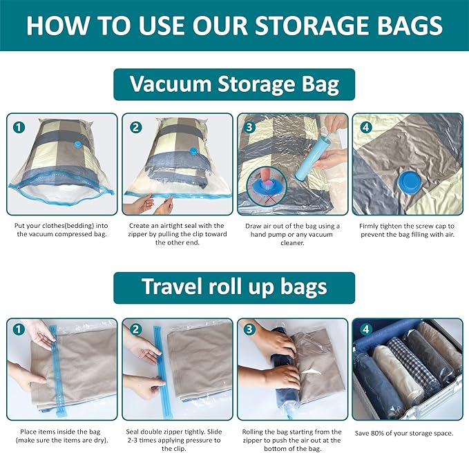 Cozy Essential Vacuum Storage Bags, Compression Space Saver Bags for Clothes, Comforters, Blankets, Pillow, Bedding, Sealer Clothing Storage,30 Combo