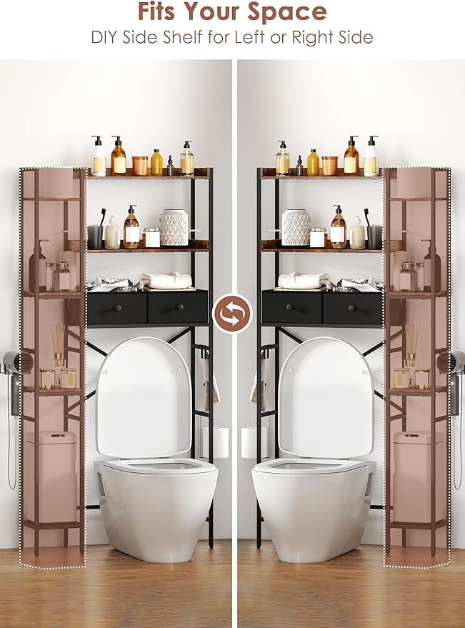 Over The Toilet Storage Rack, 7-Tier Over Toilet Bathroom Organizer with Adjustable Shelf, Above Toilet Storage with Hooks, Space-Saving, Brown Shelf