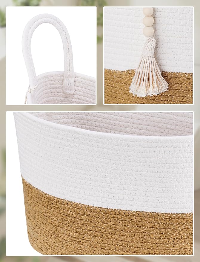 NiHome Toilet Paper Storage Basket, Cotton Rope Organizer with Boho Tassel, Holds 6 Rolls, Foldable Space-Saving Design, Multi-Purpose Bin for Bathroom, Bedroom and Living Room