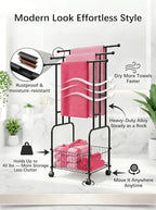 42.5" H Free Standing Towel Rack, 3-Tier Reinforced Alloy Metal Towel Racks for Bathroom with Wheels and Storage Basket, Large Size Pool Towel Rack Outdoor, Multi-Use Blanket Drying Stand