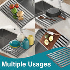 Aluminum Roll Up Dish Drying Rack Over The Sink, 17.7" x 13.4" Rust-Proof Foldable Dish Drainer Mat, Heat Resistant Trivet & Kitchen Sink Cover, Fits Sinks up to 16.8" Wide, Matte Gray