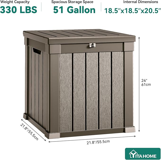 YITAHOME Deck Box, 51 Gallon Weatherproof Outdoor Storage Container for Patio Cushions, Pool Supplies, Garden Tools, Lockable Lid and Side Handles, Light Brown