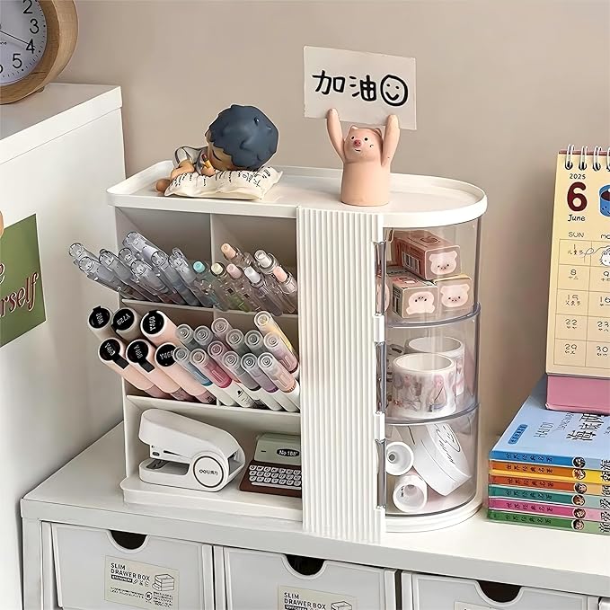 Desk Organizer with Pen Pencil Holder for Desk, Pen Organizer with 3 Drawers, Multi-Functional Desk Organization Deals and Accessories Desktop Storage for Office Home Art Supplies (White)
