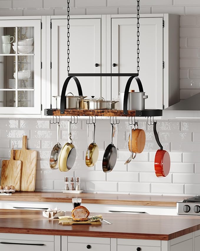 Hanging Pot Rack, Pot Hanger for Kitchen, Ceiling Mounted Pot Holder, Cookware Organizer with 18 S-Shaped Hooks, for Pot, Pan Storage, Space-Saving, Rustic Brown and Black TPR18BF