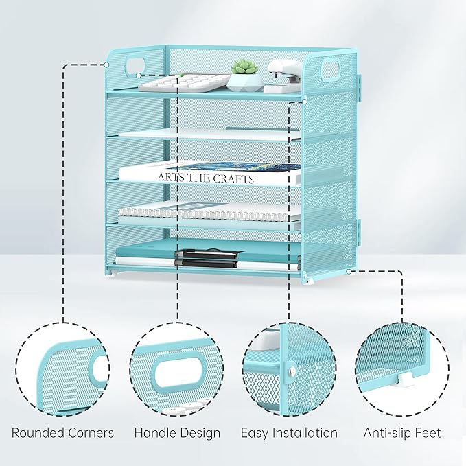 Supeasy 5 Trays Paper Organizer Letter Tray with Handle-Mesh Desk File Organizer, Paper Sorter Desk Organizer for Office, Home or School (Light Blue)