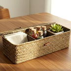 2 PCS Seagrass Storage Basket with Lid, Boho Small Woven Shelf Basket Rectangular Toilet Roll Bin 3-Section Divided Organizer for Snack Tampon Bathroom Closets Pantry Coffee Table Counter
