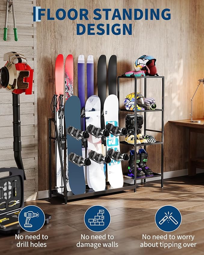 Ski Storage Rack, 48" x 12" x 46", Heavy Duty Freestanding Steel Ski Organizer for 4-Pair Skis, Snowboard, Boots, Poles, Helmet & Goggles, Floor Stand Skis Holder for Garage, Basement & Mudroom