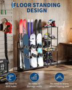Ski Storage Rack, 48" x 12" x 46", Heavy Duty Freestanding Steel Ski Organizer for 4-Pair Skis, Snowboard, Boots, Poles, Helmet & Goggles, Floor Stand Skis Holder for Garage, Basement & Mudroom