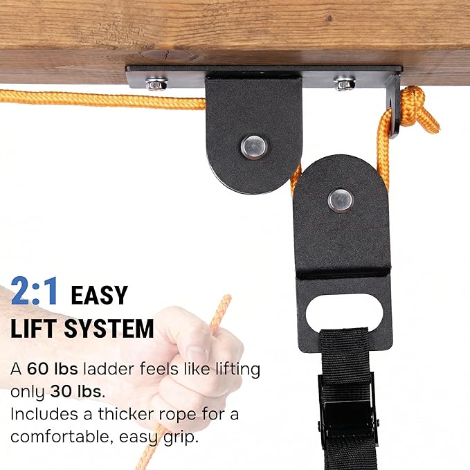 Ladder Hoist for Garage Ceiling with Metal Pulley System Holds 150 lbs, 5.5" Low-profile Self Locking Storage Lift, Parallel or Perpendicular Mounted