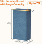 Lifewit 75L Slim Laundry Hamper with Lid, Narrow Laundry Basket with Removable Bag & Bamboo Handles, Fodable Thin Dirty Clothes Hamper for Laundry Collapsible Bin for Bathroom Bedroom Dorm, Dark Blue