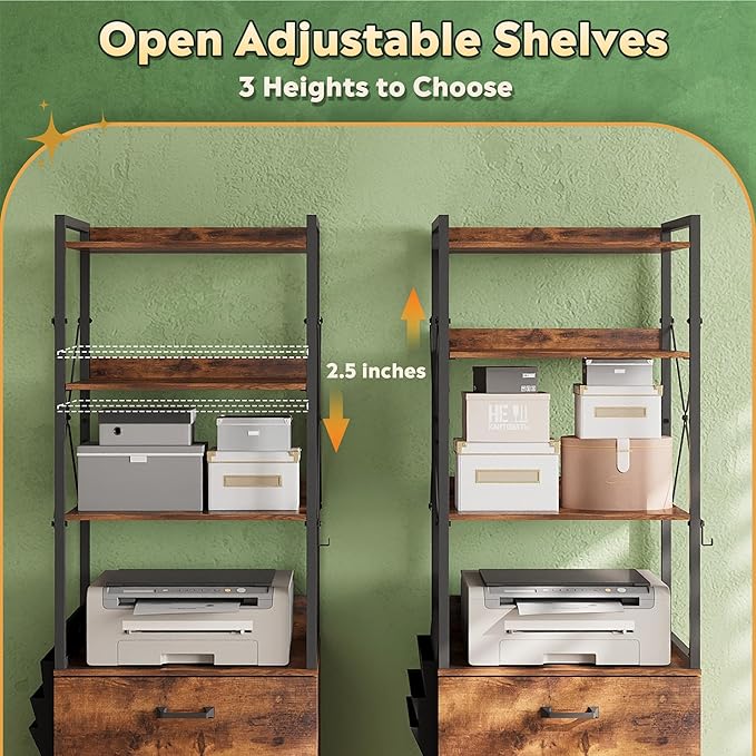 DEVAISE 2 Drawer File Cabinet with Lock, Charging Station & Adjustable Shelf,Tall Filing Cabinet for Home Office with Hook, Printer Stand Fits A4/Letter/Legal, Rustic Brown