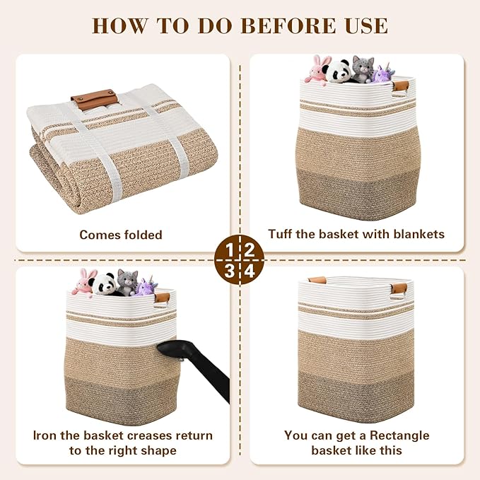 Laundry Hamper, 95L Tall Laundry Basket with Leather Handles, Rectangle Large Clothes Hamper for Organizing, Cotton Woven Laundry Baskets Storage Hampers for Bedroom, Nursery, Living Room