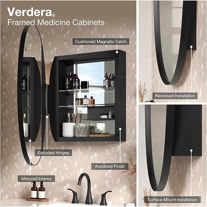 Kohler 35573-NFC-NA Verdera® Medicine Cabinets for Bathroom, Capsule Design, Mirrored Interior, Adjustable Glass Shelves, Rustproof Anodized Aluminum, 15 in. W x 30 in. H